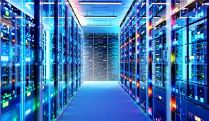 Interior of big modern server room. 3d rendering illustration